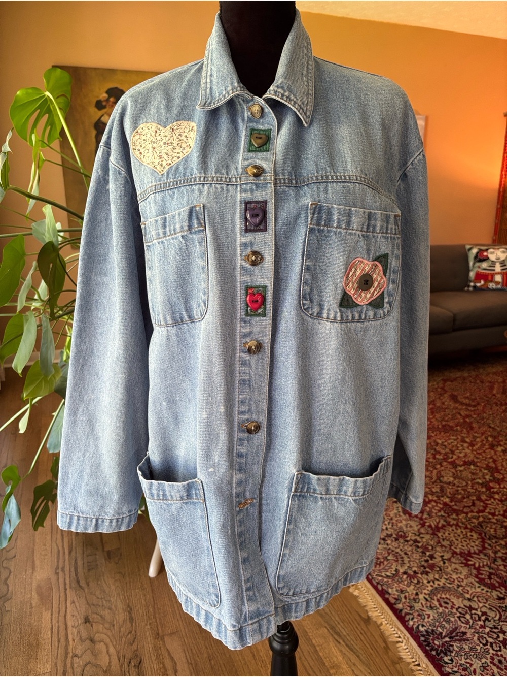 VTG 90s Cabin Creek Denim Chore Jacket XL Angel Folk Art Heart Upcycled Coat